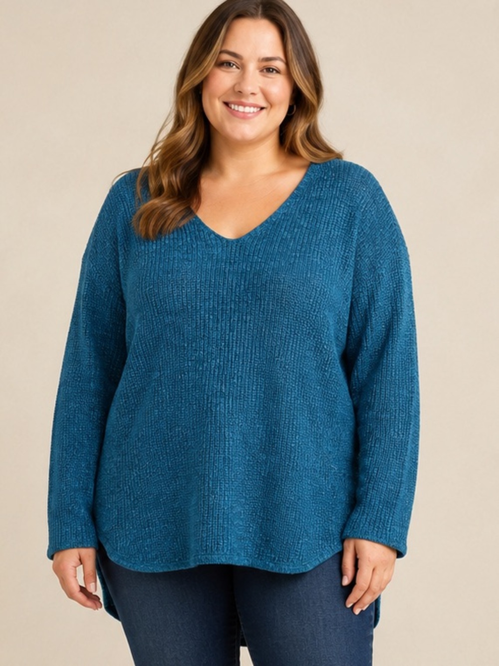 Faded Glory Teal Open Knit V-Neck High-Low Tunic Sweater XXL 20